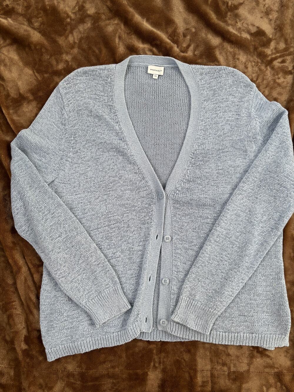 Gray Pale Blue Cardigan Sportscraft Linen Cotton Blend Grandmacore Cottagecore